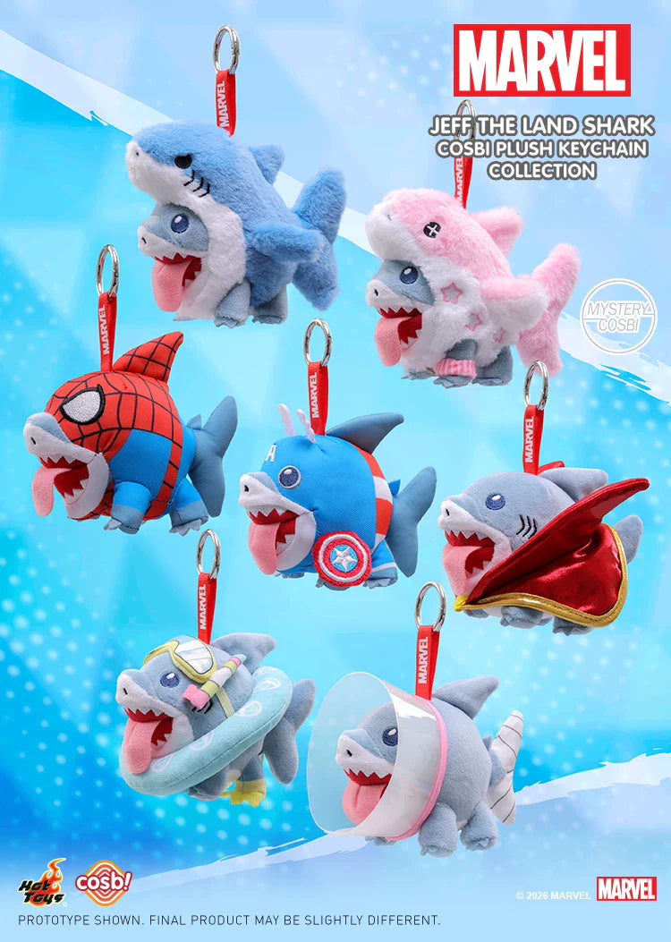Marvel Comics Cosbi Jeff the Land Shark Random Plush Keychain - Official Marvel collectible plush featuring Jeff character design on a clean white background.