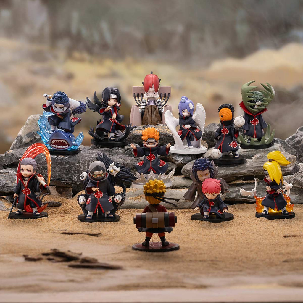 POP MART Naruto Shippuden Battle Against Akatsuki Blind Box Figure displayed on an anime collector shelf with Naruto figures