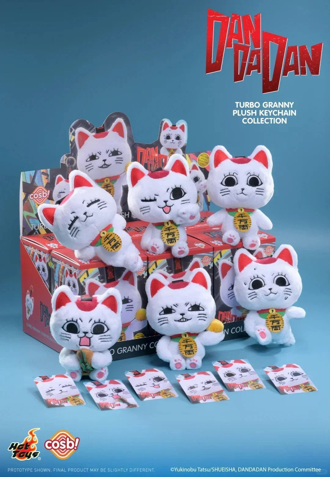 Hot Toys COSBI Dandadan Turbo Granny Plush Keychain Blind Box displayed on an anime collector desk attached to a backpack - Official licensed collectible